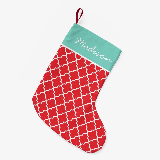 Modernes Monogramm Rot und Aqua Quatrefolie Kleiner Weihnachtsstrumpf (Vorderansicht (hängend))