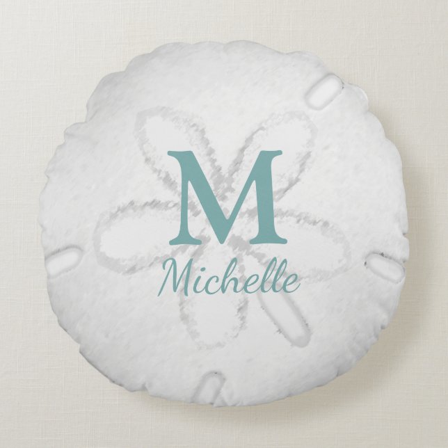 Modernes Monogramm Sand Dollar Türkisblau Rundes Kissen (Vorderseite)