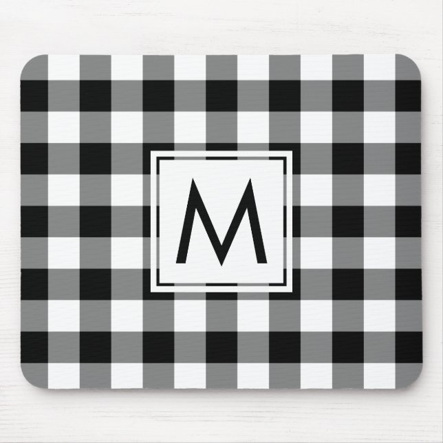 Modernes Monogramm Schwarz/Weiß Gingham Muster Mousepad (Vorne)