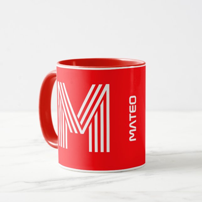 Modernes Monogramm und Name | Unique Red Keramik C Tasse (Vorderseite Links)