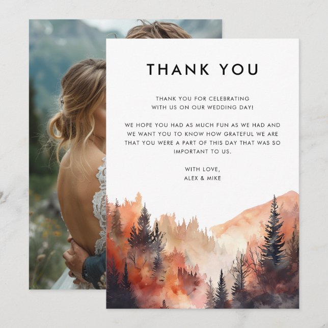 Modernes Mountain Wedding Fall Custom Foto Dankeskarte (Vorne/Hinten)