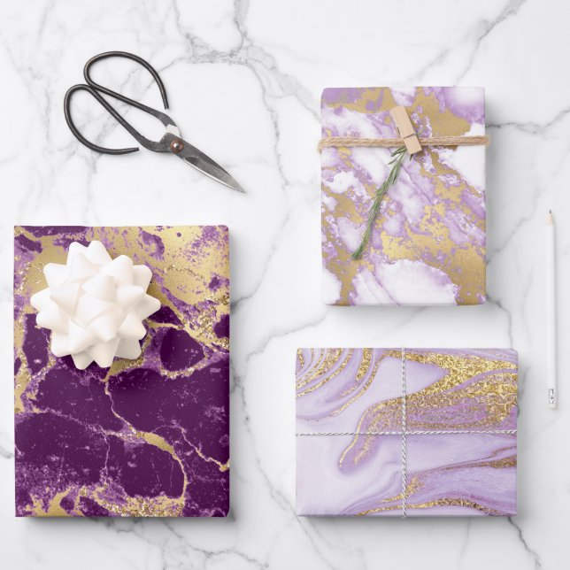 Modernes Muster aus Lila, weißem und goldenen Marm Geschenkpapier Set (Vorderseite)