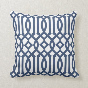 Modernes Muster aus weißem und blauem Trellis Kissen