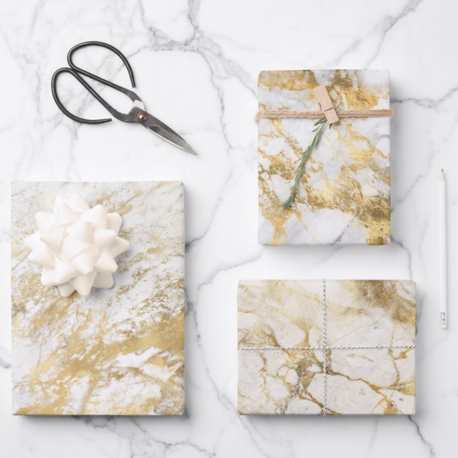 Modernes Muster aus weißem und goldenem Marmor Geschenkpapier Set (Vorderseite)