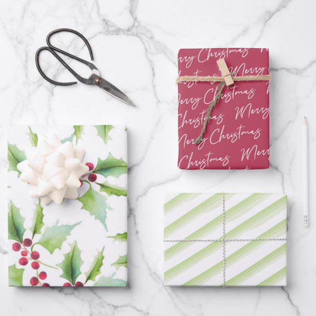 Modernes Muster Botanische Weihnachtswasserfarbe Geschenkpapier Set (Vorderseite)