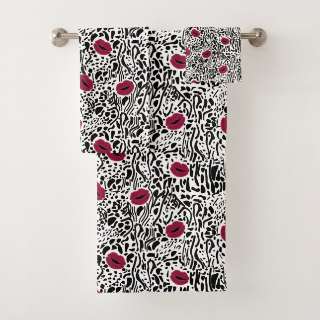 Modernes Muster der Lippenstift-LippenB&W Badhandtuch Set (Insitu)