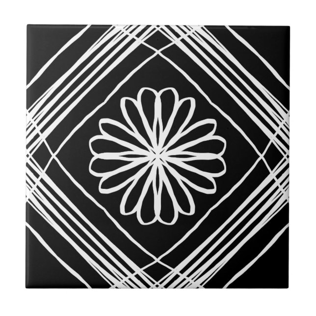 Modernes Muster Schwarz-weißer Blume Fliese (Vorderseite)