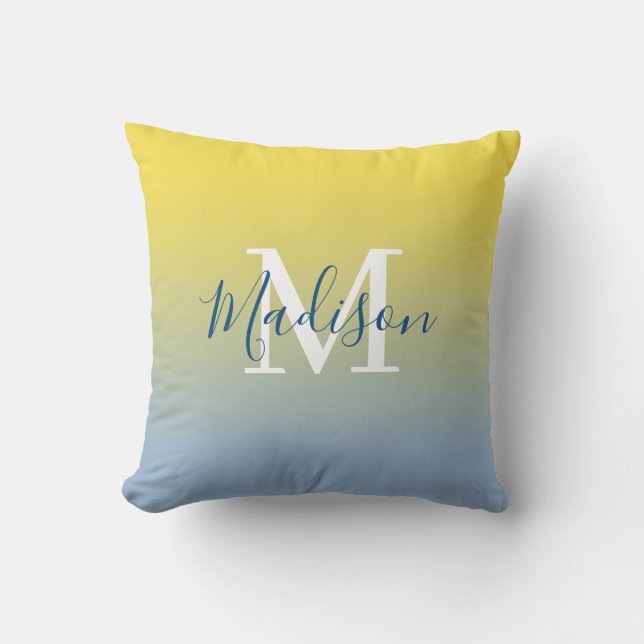 Modernes Name Monogram gelb bis leicht blau glänze Kissen (Vorderseite)