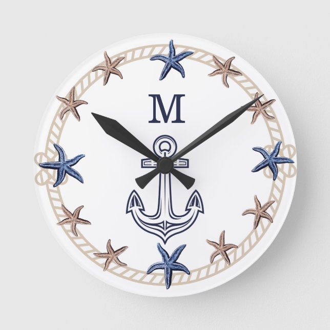 Modernes Nautic Foto Navy Blue White Tan Starfish Runde Wanduhr (Vorderseite)
