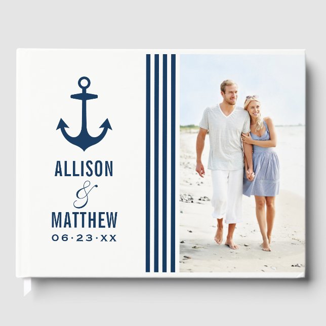 Modernes Nautical Navy Blue and White Wedding Foto Gästebuch (Vorderseite)