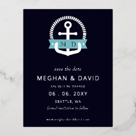 Modernes Navy Anchor Nautical Monogram Save the Da Folie Einladungspostkarte