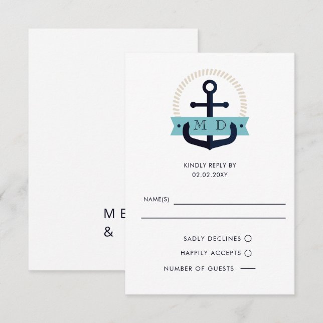 Modernes Navy Anchor Nautical Monogram Wedding RSV RSVP Karte (Vorne/Hinten)