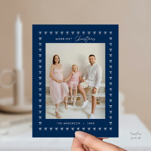 Modernes Navy Blu Bow Pattern Familienjubiläum Fot Postkarte