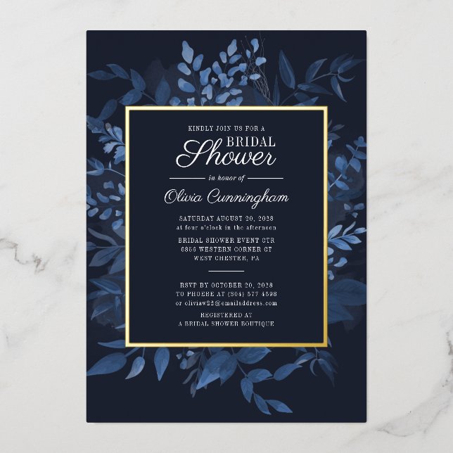 Modernes Navy Blue Botanical Foliage Brautparty Folieneinladung (Vorderseite)