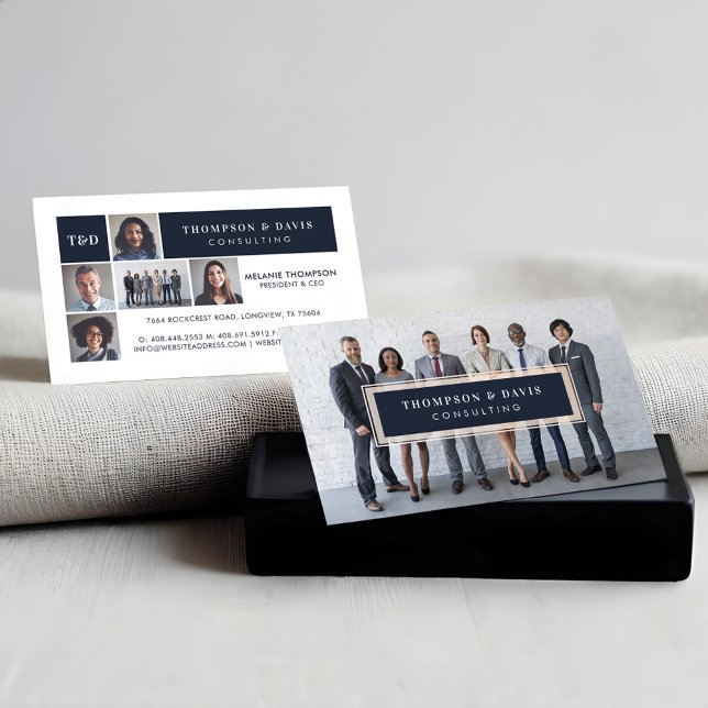 Modernes Navy Blue Business Team Fotos Collage Gri Telefonnummerkarte (Modern Navy Blue Business Team Photos Collage Grid Calling Card)