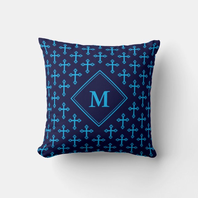 Modernes Navy Blue Cycle CROSS Monogramm Kissen (Vorderseite)