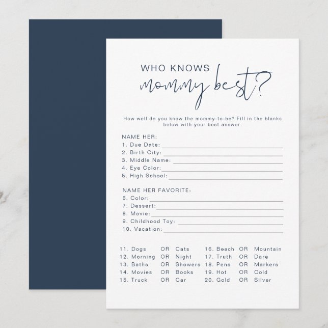Modernes Navy Blue, das die Mama als bestes Spiel  Einladung (Vorne/Hinten)