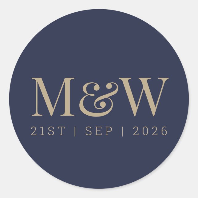 Modernes Navy Blue Gold Briom Groom Monogram Runder Aufkleber (Vorderseite)