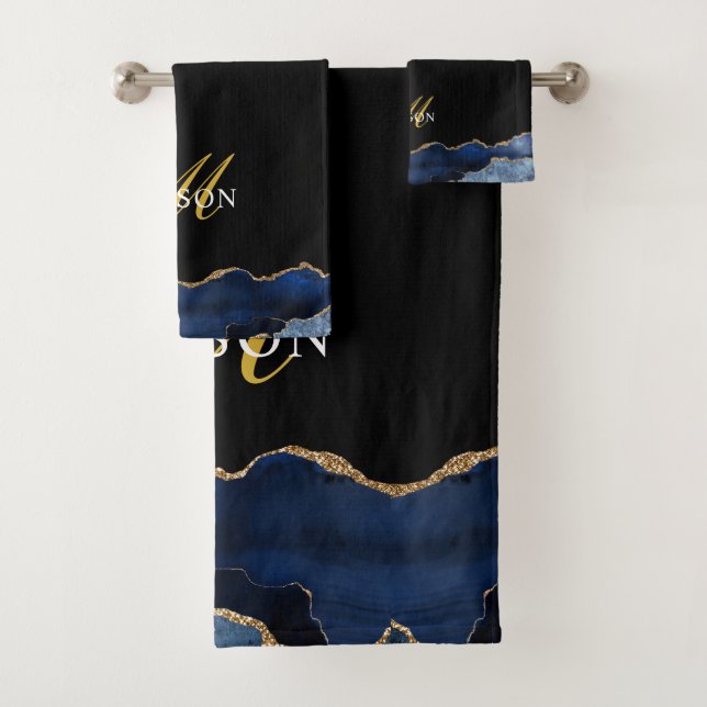 Modernes Navy Blue Gold Glitzer Agate Geode Monogr Badhandtuch Set (Insitu)