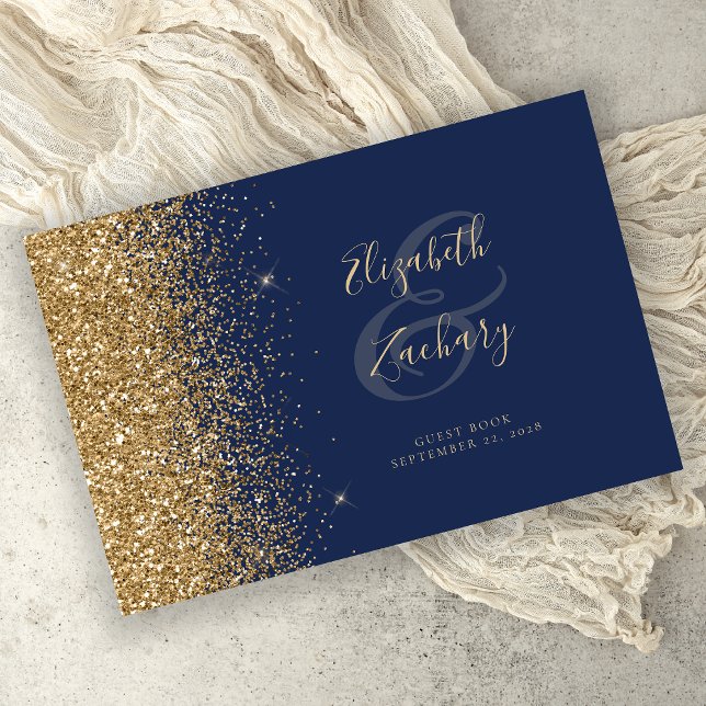 Modernes Navy Blue Gold Glitzer Script Gästebuch (Von Creator hochgeladen)