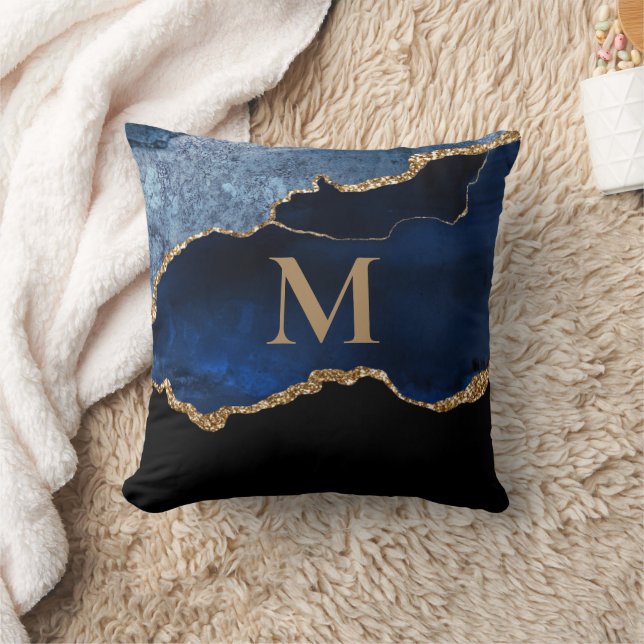 Modernes Navy Blue Gold Marmor Glitzer Monogram Th Kissen (Decke)