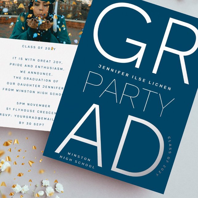 MODERNES NAVY BLUE GRAD PARTY Class of 2023 Silver Folieneinladung (Von Creator hochgeladen)