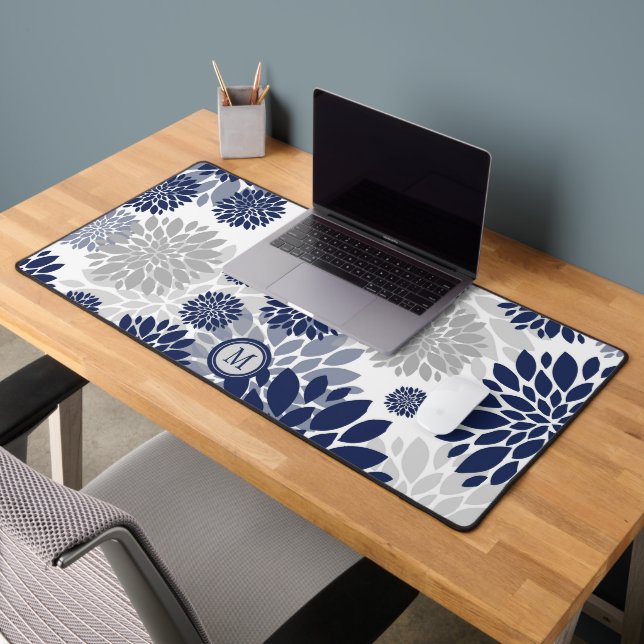 Modernes Navy Blue Gray Blume Muster Schreibtischunterlage (Büro 2)