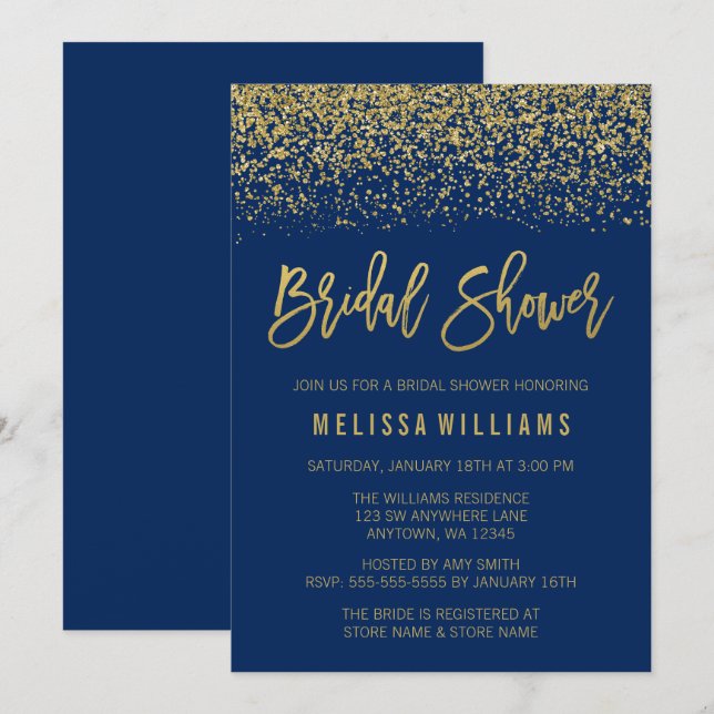 Modernes Navy Blue Imitats Gold Glitzer Brautparty Einladung (Vorne/Hinten)