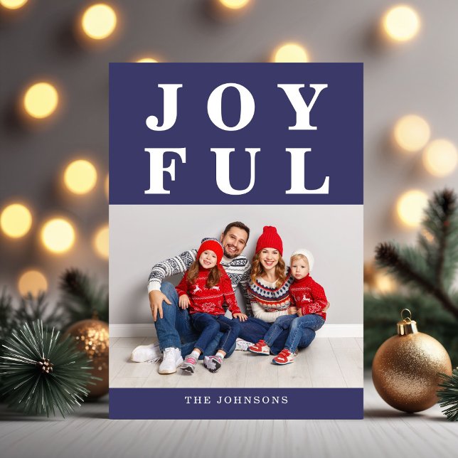 Modernes Navy Blue Joyce Foto Weihnachten (Modern Navy Blue Joyful Photo Christmas Holiday Card)