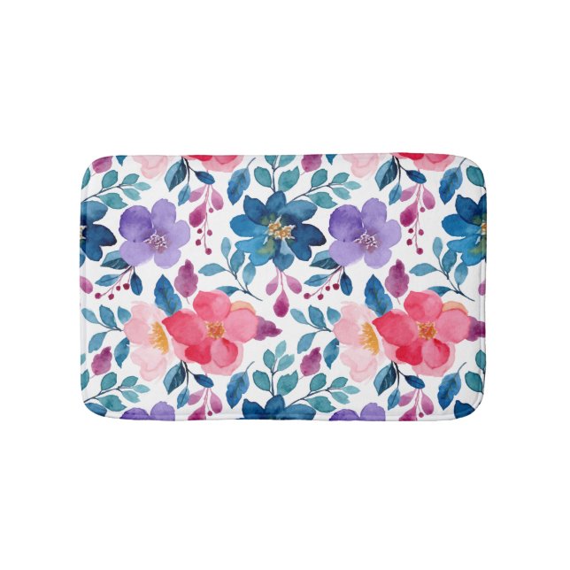 Modernes Navy Blue Lila Blush Pink Floral Muster Badematte (Vorderseite)