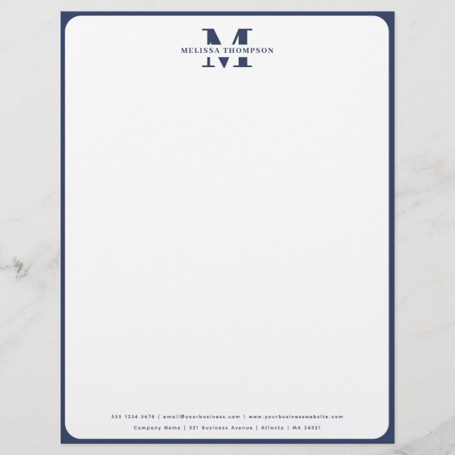 Modernes Navy Blue Mit Monogramm Briefbogen (Vorderseite)