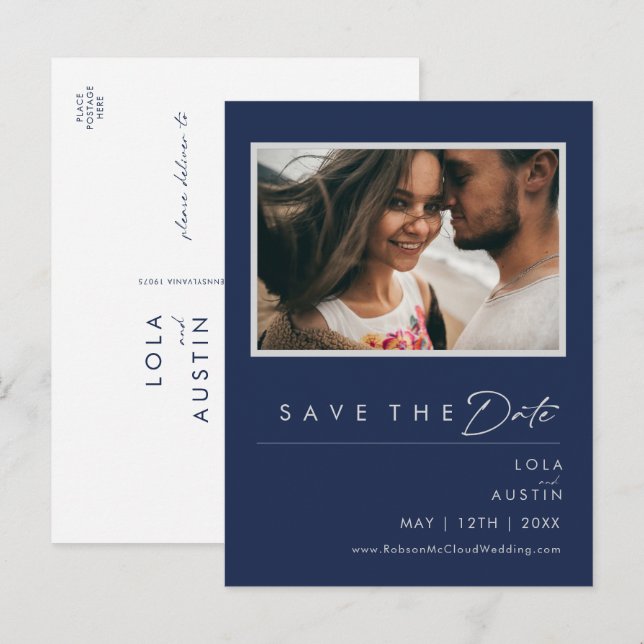 Modernes Navy Blue Silver Foto Save the Date Einladungspostkarte (Vorne/Hinten)