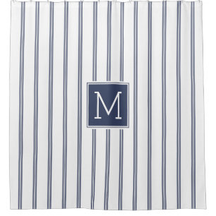 Modernes Navy-Blue Streifen Muster Monogramm Duschvorhang