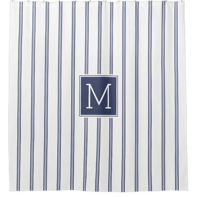 Modernes Navy-Blue Streifen Muster Monogramm Duschvorhang (Vorderseite)