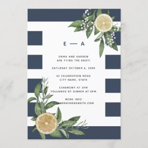 Modernes Navy Blue Strip Wasserfarbe Lemon Einladung