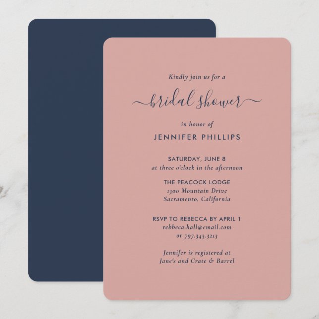 Modernes Navy Blue und Blush Brautparty Einladung (Vorne/Hinten)