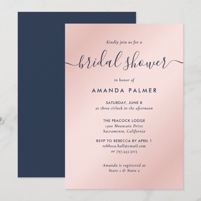 Modernes Navy Blue und Blush Brautparty Einladung (Vorne/Hinten)