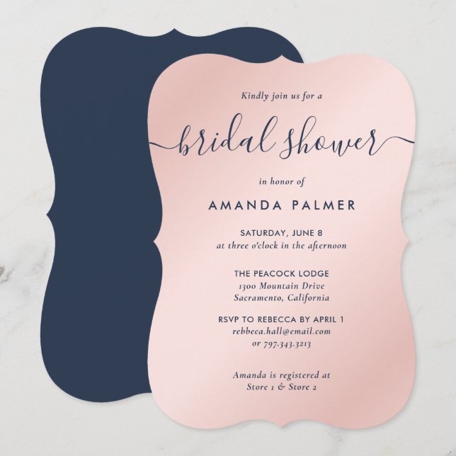 Modernes Navy Blue und Blush Brautparty Einladung (Vorne/Hinten)