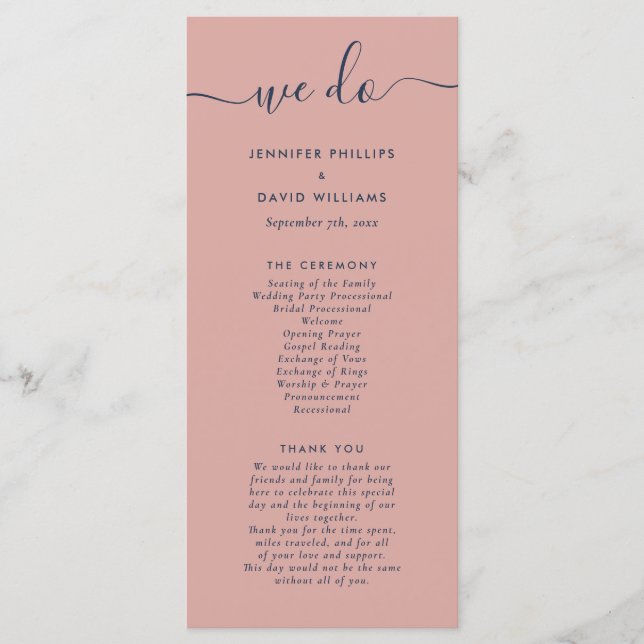 Modernes Navy Blue und Blush Wir machen Hochzeiten Programm (Vorderseite)
