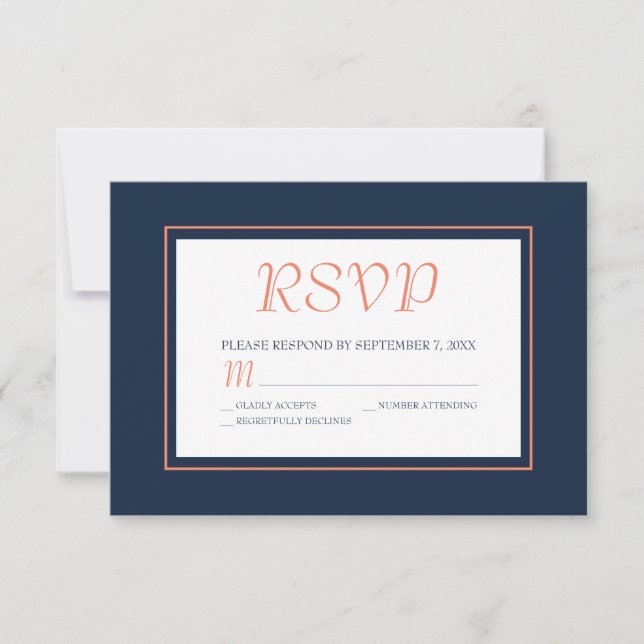 Modernes Navy Blue und Coral RSVP Karte (Vorderseite)