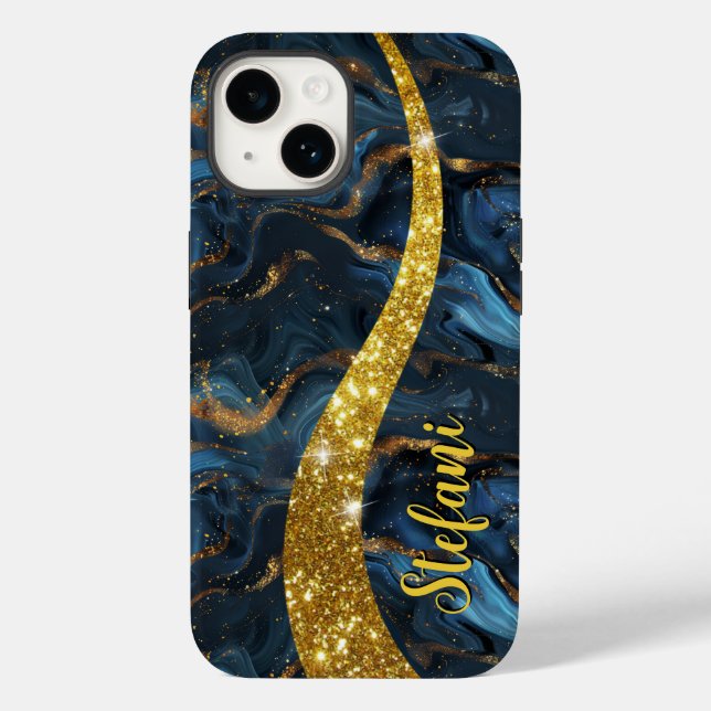 Modernes Navy Blue und Gold Agate Monogram Case-Mate iPhone 14 Hülle (Rückseite)