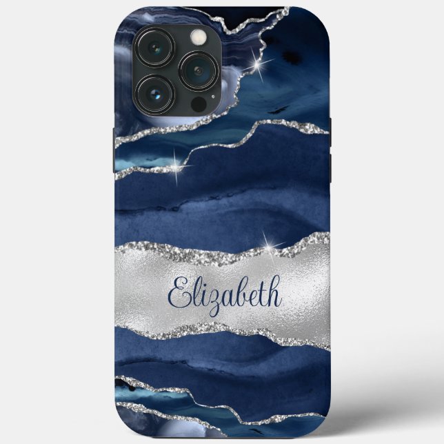 Modernes Navy Blue und Silver Agate Monogram Case-Mate iPhone Hülle (Rückseite)