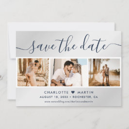 Modernes Navy Blue und Silver Wedding 4 Foto Save The Date