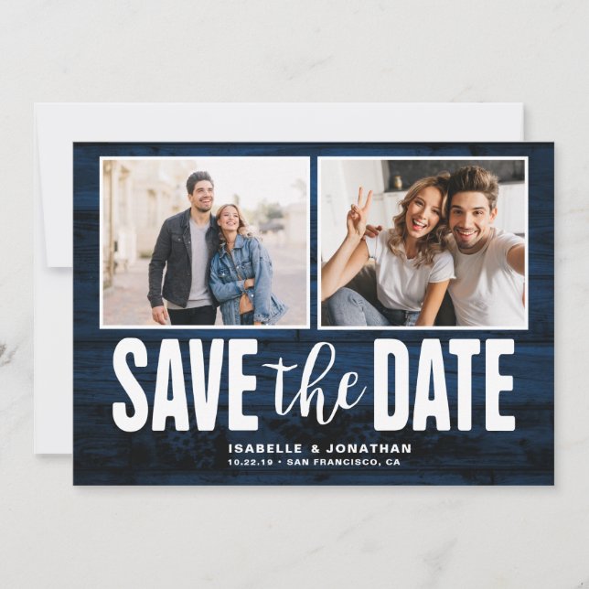 Modernes Navy Blue Wood 2 Foto Save the Date (Vorderseite)