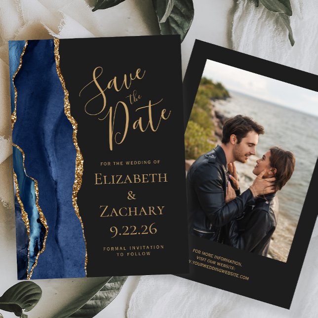 Modernes Navy Gold Agate Foto Dark Save The Date (Von Creator hochgeladen)
