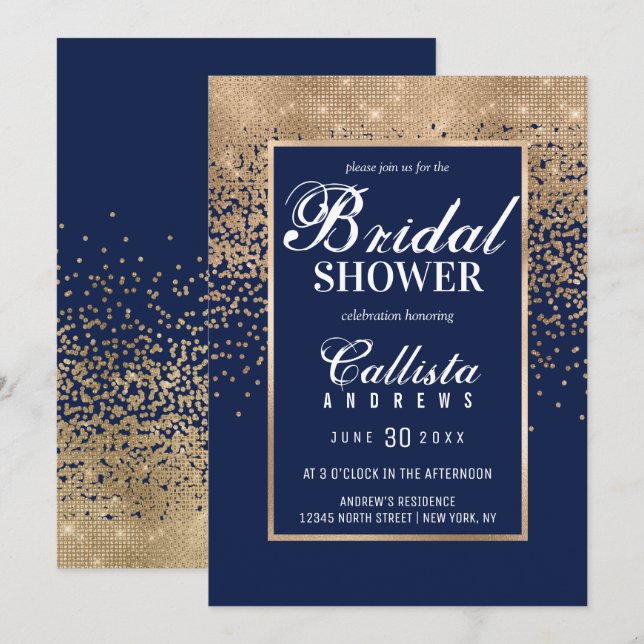 Modernes Navy Gold Glitzer Confetti Brautparty Einladung (Vorne/Hinten)