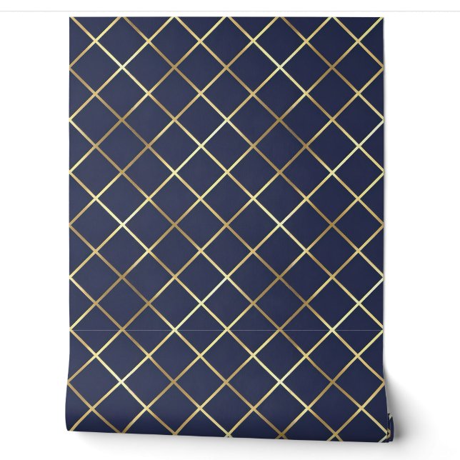 Modernes Navy und Gold Diamond Grid Tapete (Abrollen)