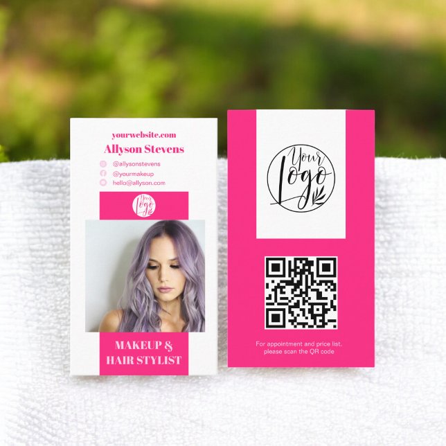 Modernes Neon-Rosa-Make-up Foto qr-Logo Visitenkarte (Modern neon pink makeup hair photo qr code logo business card)