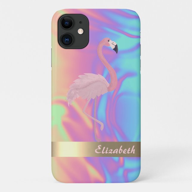 Modernes Niedlich rosa Flamingo Ombre Holographic Case-Mate iPhone Hülle (Rückseite)
