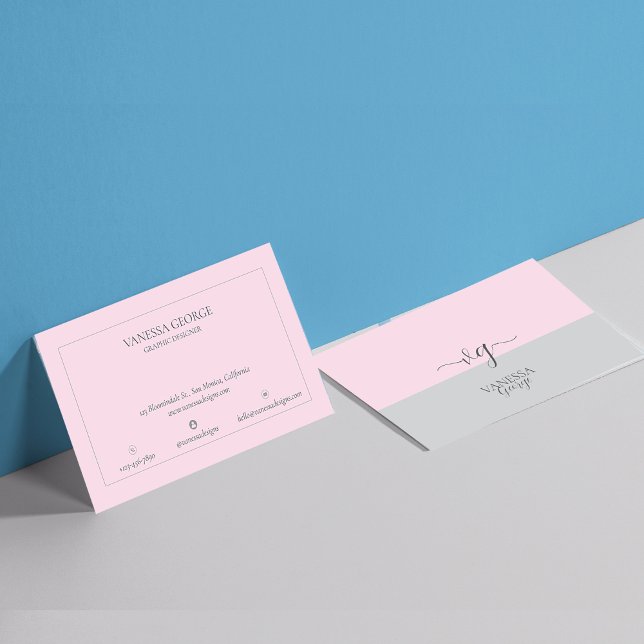 Modernes Niedlich-rosa-graues Monogramm Visitenkarte (Modern Elegant Cute Pink Grey Monogram Custom Business Card)